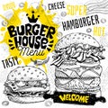 Burger house cafe restaurant menu. Vector sub sandwiches fast food flyer cards for bar cafe.