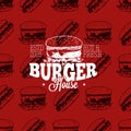 Burger house logo on seamless pattern fast food, vector illustration Royalty Free Stock Photo