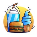 Burger and ice drink with ice cream Illustration
