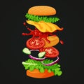 Burger icon. Coated patty, lettuce, cheese, ketchup, cucumbers,