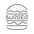 Burger icon. Gray vector sign isolated. Hand drawn illustration symbol for fast food, logo, hamburger, snack, label, product