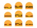 Burger icon set isolated on white background. Collection of cheeseburger and hamburger icons. Cheeseburger with two cutlets. Bun Royalty Free Stock Photo