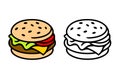 Burger icons. Colour and black vector isolated icons on white background.