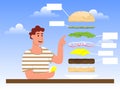 Burger include cutlet, tomato, cheese and salad. Vector flat color icon on white