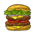 Burger include cutlet, tomato, cucumber, salad. Vector black vintage engraving Royalty Free Stock Photo