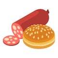 Burger ingredient icon isometric vector. Sesame burger bun near sausage stick