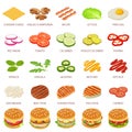 Burger ingredient icons set, isometric style