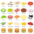 Burger ingredient icons set, isometric style