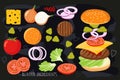 Burger ingredient set isolated on black chalk board. Hamburger Creation Product Kit. Chopped vegetables, bun, cutlet