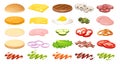 Burger ingredients collection. DIY burger elements isolated on white backgroud in cartoon style. Sliced vegetables, sauces, bun