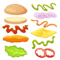 Burger ingredients diy collection. Set of isolated ingredients for build your own burger and sandwich. Sliced vegetables