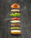 Burger ingredients floating, grey plaster background, isolated, vertical