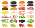 Burger ingredients. Hamburger fast food constructor, buns, veggies, cheese slices and meat, sandwich burger ingredients Royalty Free Stock Photo