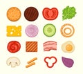 Burger ingredients set of vector icons in midern cartoon style. Burgers constructor top view, cheeseburger parts