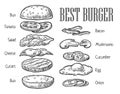 Burger ingredients. Vector vintage engraving illustration for poster, menu, web, banner, info graphic