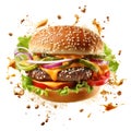 Burger isolated on white transparent background, Fast food, Hamburger layers and ingredients