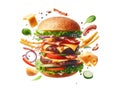 Burger isolated on white transparent background, Fast food, Hamburger layers and ingredients