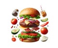 Burger isolated on white transparent background, Fast food, Hamburger layers and ingredients