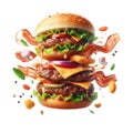 Burger isolated on white transparent background, Fast food, Hamburger layers and ingredients