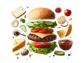 Burger isolated on white transparent background, Fast food, Hamburger layers and ingredients