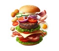 Burger isolated on white transparent background, Fast food, Hamburger layers and ingredients