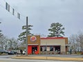 Burger King fast food restaurant road view with traffic signs