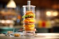 A burger in a laboratory test tube is decomposed into components. study of food and composition.