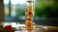 A burger in a laboratory test tube is decomposed into components. study of food and composition.