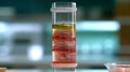 A burger in a laboratory test tube is decomposed into components. study of food and composition.