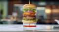 A burger in a laboratory test tube is decomposed into components. study of food and composition.