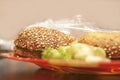A Burger, Lettuce on Red Plate in a Plastic Wrapper. Takeaway, Food Storage Ideas
