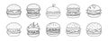 Burger Line Art Collection with Cheeseburger Veggie Burger Chicken Burger Fish Burger and Bacon Burger Royalty Free Stock Photo