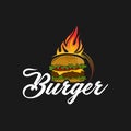 Burger logo design idea. Logo concept for fast food restaurant with grilled tasty burger and hot flames. Diner or snack bar Royalty Free Stock Photo
