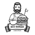 Burger logo. Hand-drawn hipster chef with big burger with ribbon. Man cook with arms crossed in an apron. Vector line