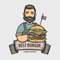 Burger logo. Hand-drawn hipster chef with big burger with ribbon. Man cook with arms crossed in an apron. Vector line