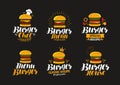 Burger logo or label. Fast food, eating concept. Vector illustration Royalty Free Stock Photo