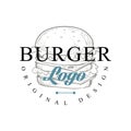 Burger logo original design, retro emblem for bakery shop, cafe, restaurant, cooking business, brand identity vector