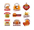 Burger logo set. Big hamburger and sandwich logotype for cafe or restaurant, fast food, menu drawing decor, brochure and