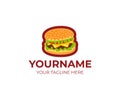 Burger logo template. Grilled beef burger and hamburger with tomato, lettuce and cheese vector design