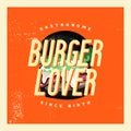 Burger lover retro illustration, graphic design for t-shirt print with burger and funny text burger lover