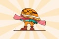 Burger mascot say Welcome! in retro style, perfect for t shirt design and fast food logo Royalty Free Stock Photo