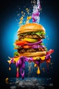 burger with meat, cheese and vegetables on a dark background, delicious and beautiful food