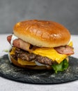 Burger with meat cutlet, hamburger isolated on grey background. Tasty Hamburger. Restaurant dish.