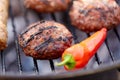 Burger meat cutlets and pepper roasting on grill Royalty Free Stock Photo