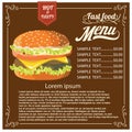 Burger with meat menu and cost on vintage background.