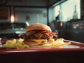 Burger with melted cheese, crispy bacon, and a toasted bun