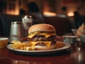 Burger with melted cheese, crispy bacon, and a toasted bun