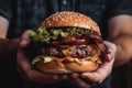Burger In Mens Hands Closeup. Generative AI
