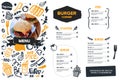 Burger menu with doodle icons and sketch burger, food background, cafe design, grill brochure, cooking flyer Royalty Free Stock Photo