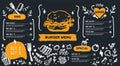 Burger menu with doodle icons and sketch burger, food background, chackboard cafe design, grill brochure, cooking flyer Royalty Free Stock Photo